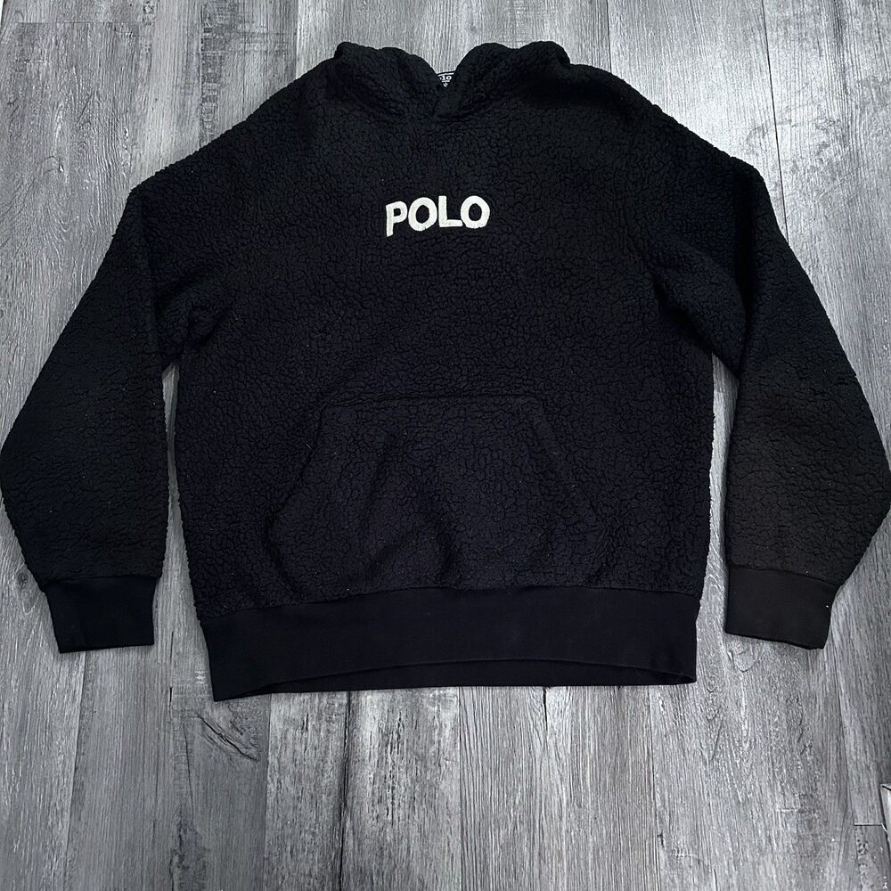 Polo Ralph Lauren Pile Fleece Sherpa Hoodie Mens Small Black Embroidered Preppy